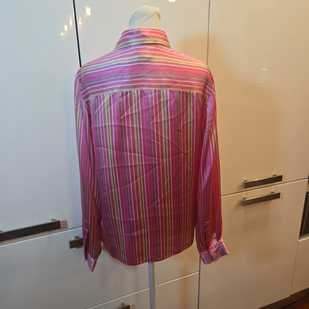 100% Silk Striped Button Down Shirt Pink Yellow Size Medium Womens - Picture 4 of 8